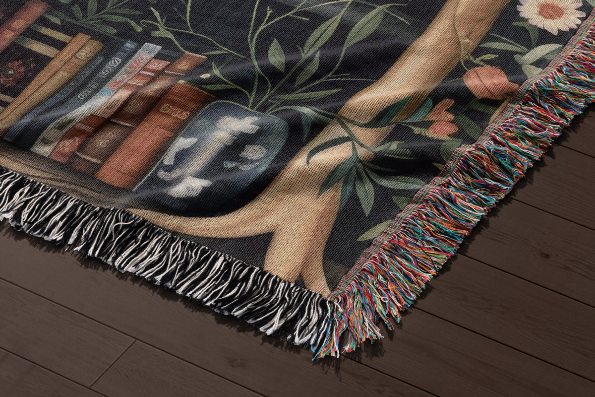 Dark Academia Botanical Tapestry Throw Blanket - A close-up of the intricate woven pattern on the blanket.