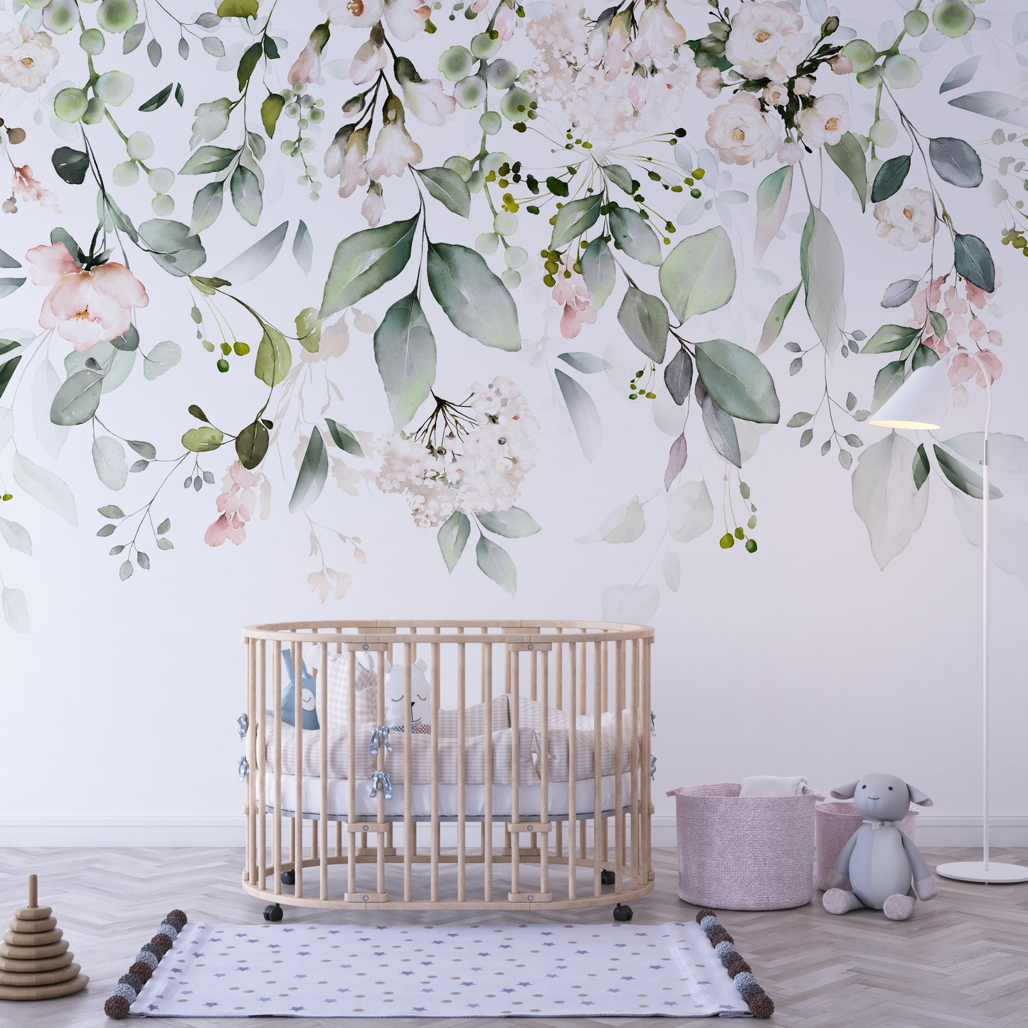 Minimalist Nursery with Round Wooden Crib: Removable sage green botanical mural accentuates minimalist nursery with round wooden crib.