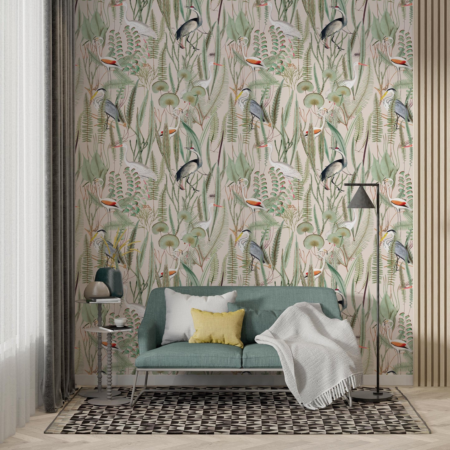 Transform your living room into a cozy haven with our captivating pink botanical crane peel-and-stick accent wallpaper. This statement piece features graceful herons amidst a vibrant floral tapestry, adding a touch of elegance to your eclectic living room. Complement the wallpaper's earthy tones with a plush couch in rich brown hues and wooden interior accents, creating a warm and inviting ambiance for relaxation and entertaining.
