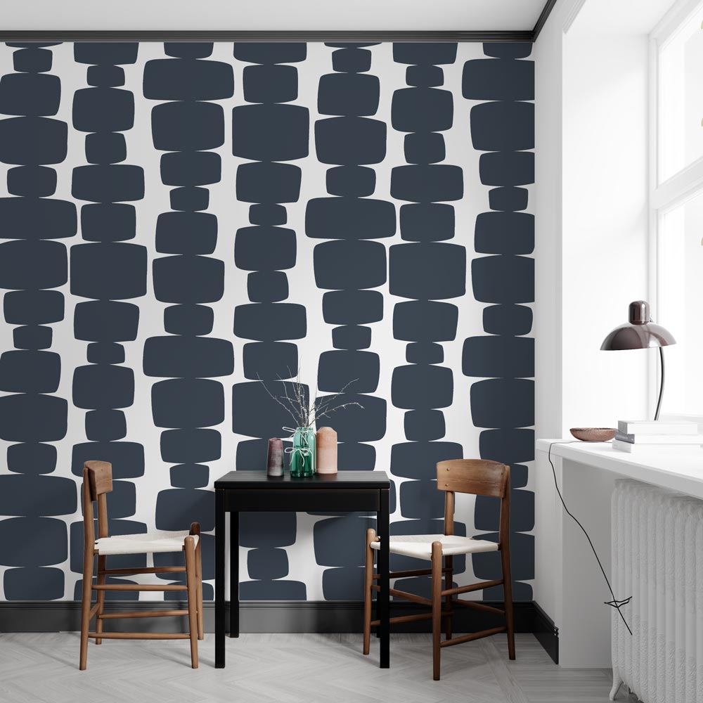 Scandinavian Dining Room: Navy Geometric Accent Wall with Wood Table and Chairs