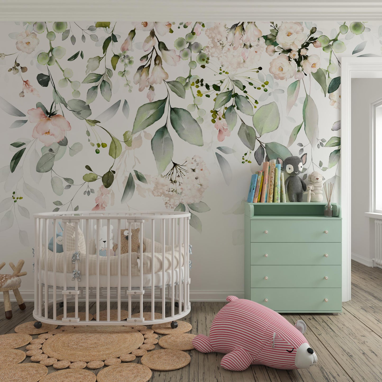 Nursery with Sage Green Chest of Drawers and White Round Crib: Sage green peel and stick wallpaper seamlessly complements sage green chest of drawers and white round crib in nursery.
