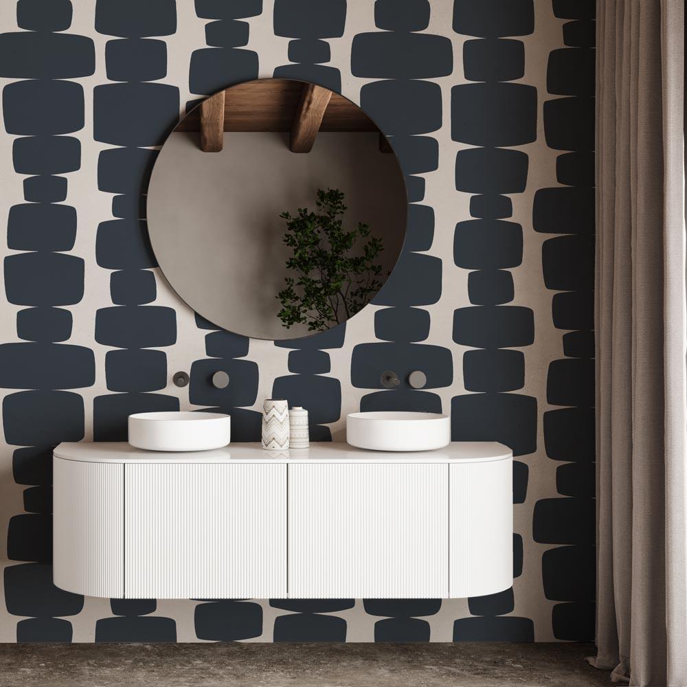 Mid-Century Modern Bathroom: Navy Geometric Wallpaper with Round Mirror & White Double Vanity