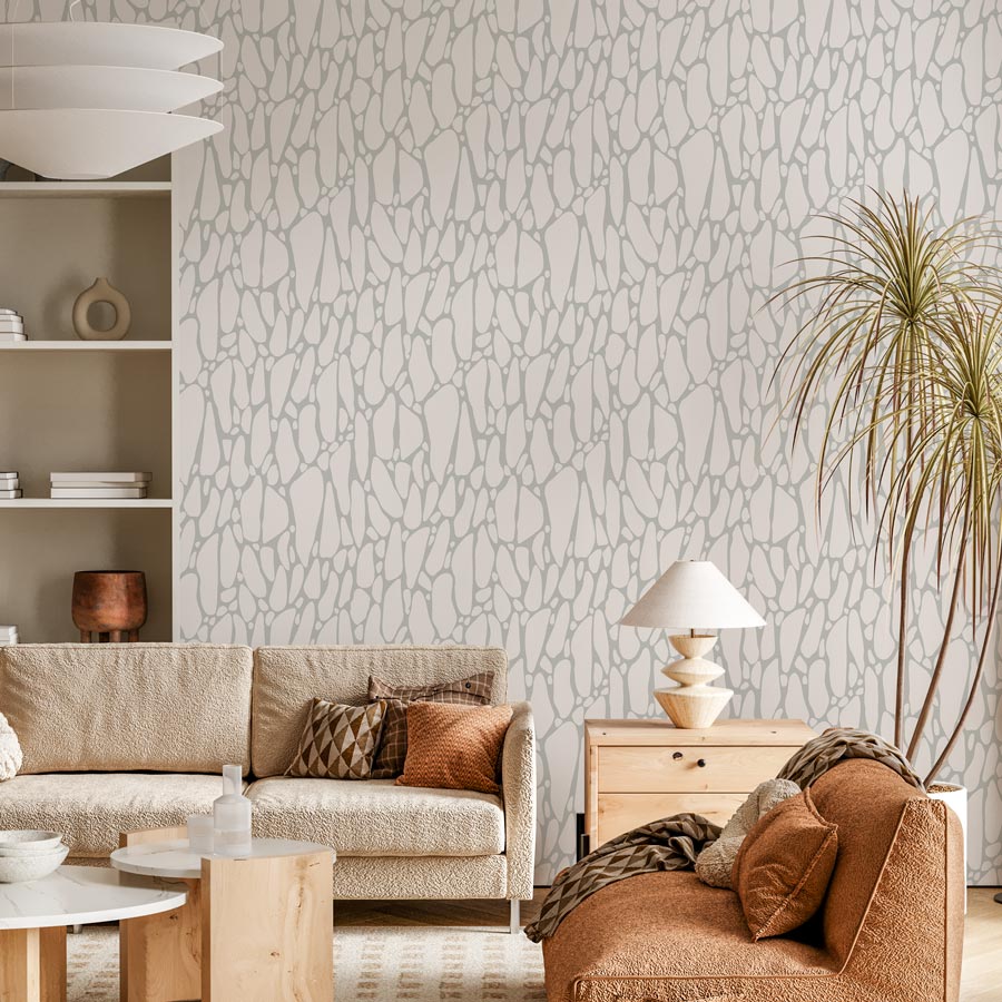 Peel and Stick White & Gray Stone Pattern Wallpaper | Renter Friendly Neutral Pattern Wallpaper