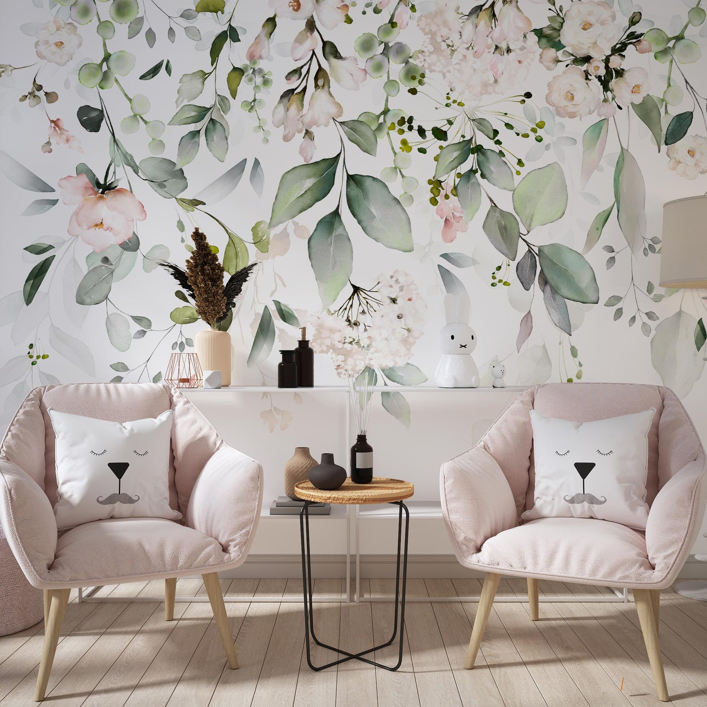 Big Girls Bedroom with Sitting/Reading Area with Pink Chairs: Watercolor botanical wallpaper with pink floral accents harmonizes with pink chairs in big girls' bedroom.