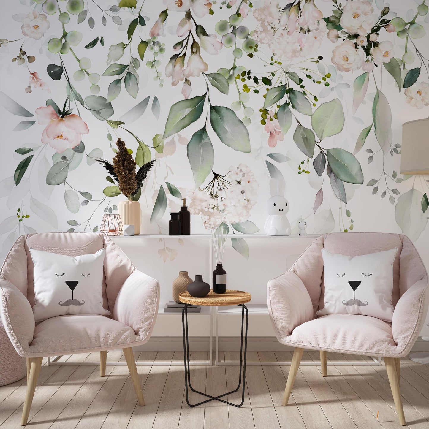 Big Girls Bedroom with Sitting/Reading Area with Pink Chairs:  Watercolor botanical wallpaper with pink floral accents harmonizes with pink chairs in big girls' bedroom.