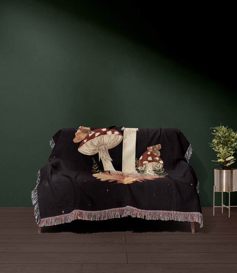Dark academia decor tapestry blanket with large mushrooms