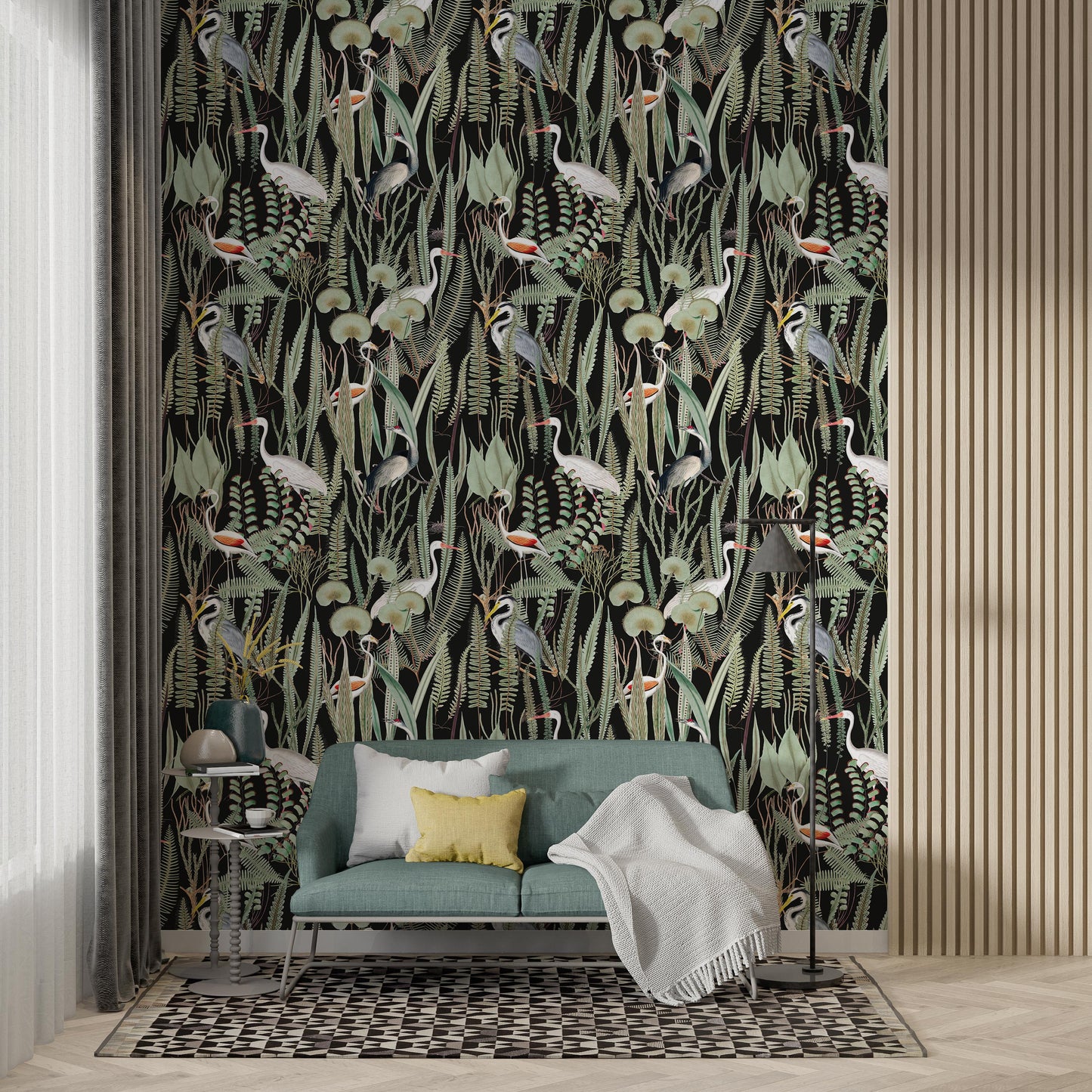 Transform your eclectic living room into a haven of natural beauty with our black background heron and botanical wallpaper. The earthy tones of the couch and wooden accents complement the rich black backdrop, creating a warm and inviting ambiance. The intricate floral patterns and majestic herons add a touch of organic charm, transforming your living room into a sanctuary of relaxation and inspiration.