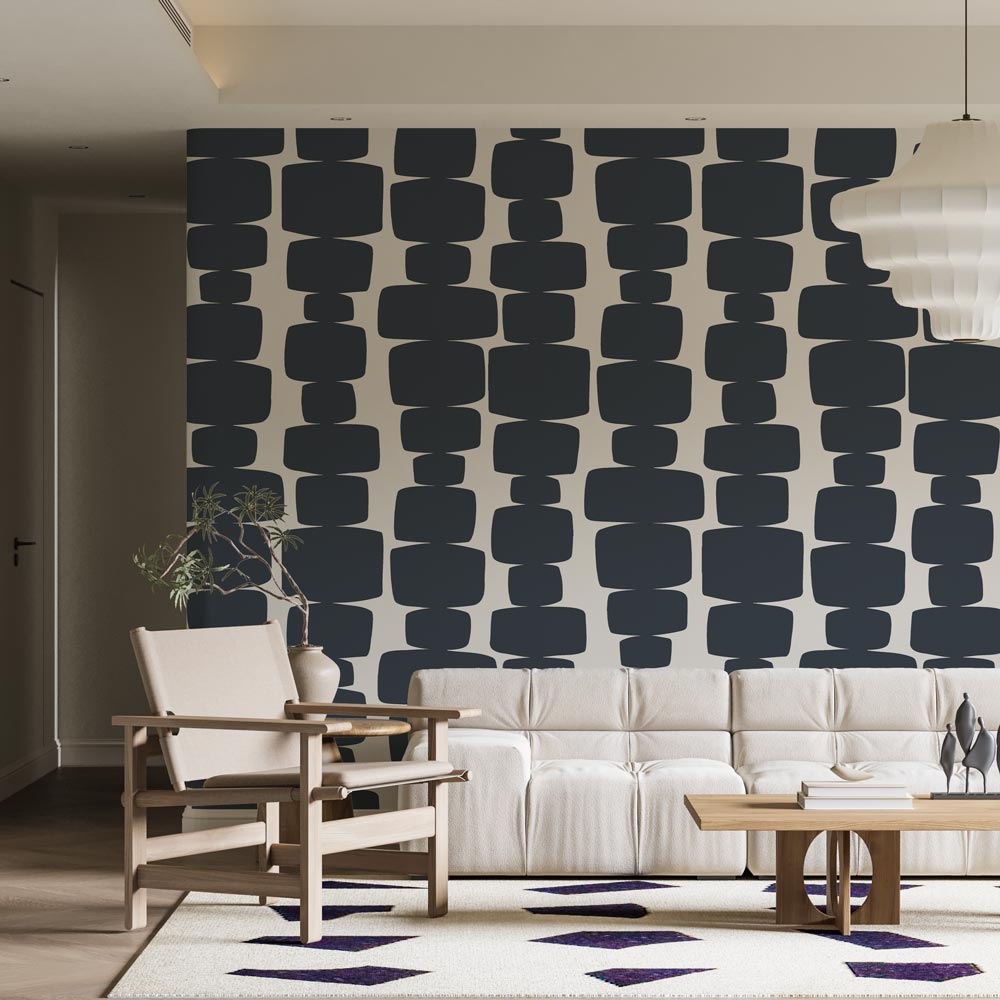Scandinavian Minimalist Living Room: Navy Geometric Wallpaper with White Sofa, Wooden Armchair, and Light Fixture