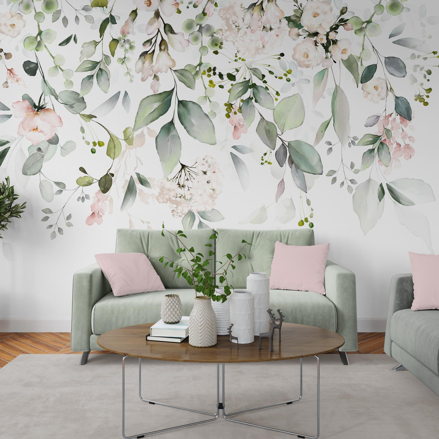 Living Room with Sage Green Couch and Pale Pink Pillows: Statement sage green botanical wallpaper harmonizes with sage green couch and pale pink pillows in living room.