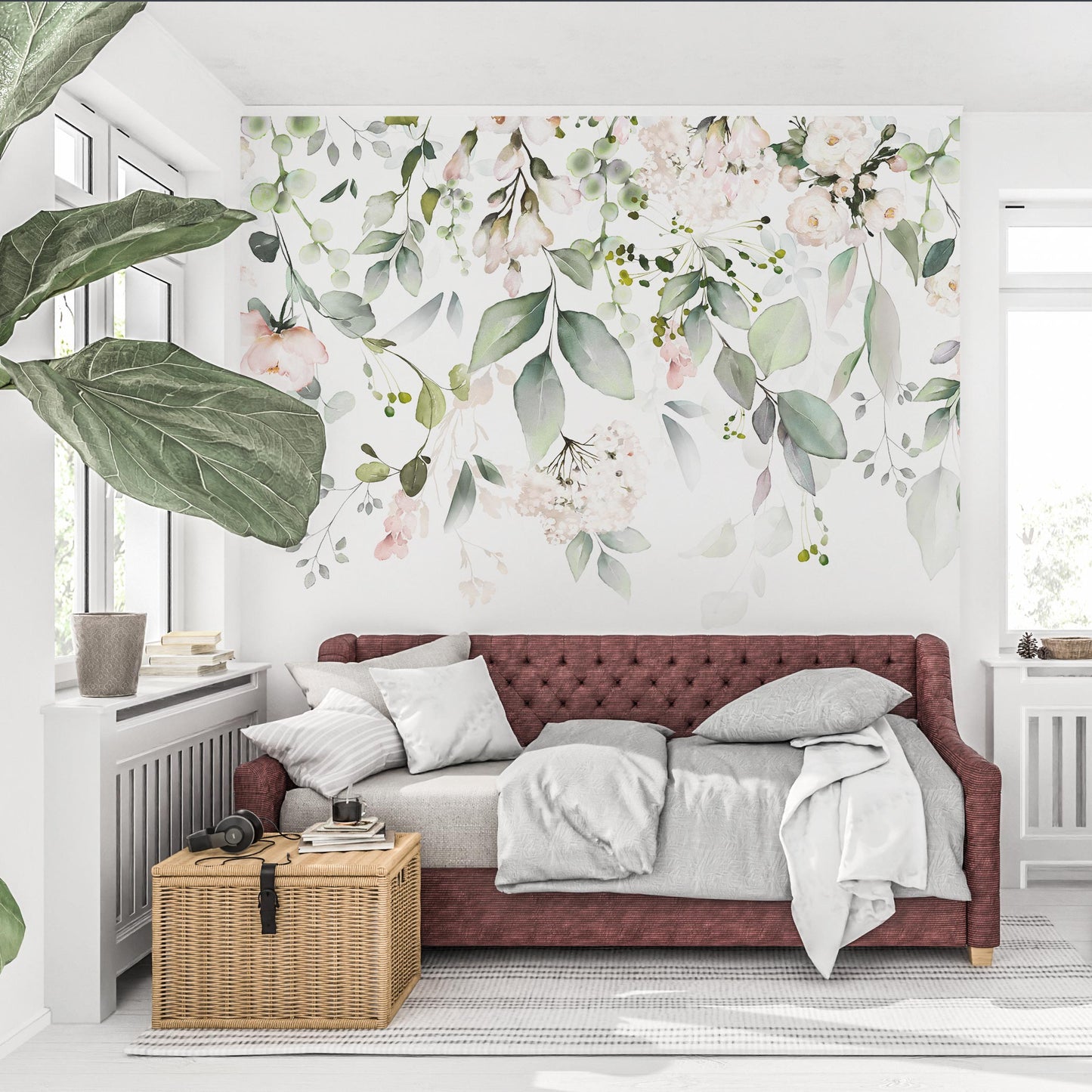 Light and Spacious Living Room with Statement Wallpaper: Watercolor botanical wallpaper serves as a focal point in a light and spacious living room.
