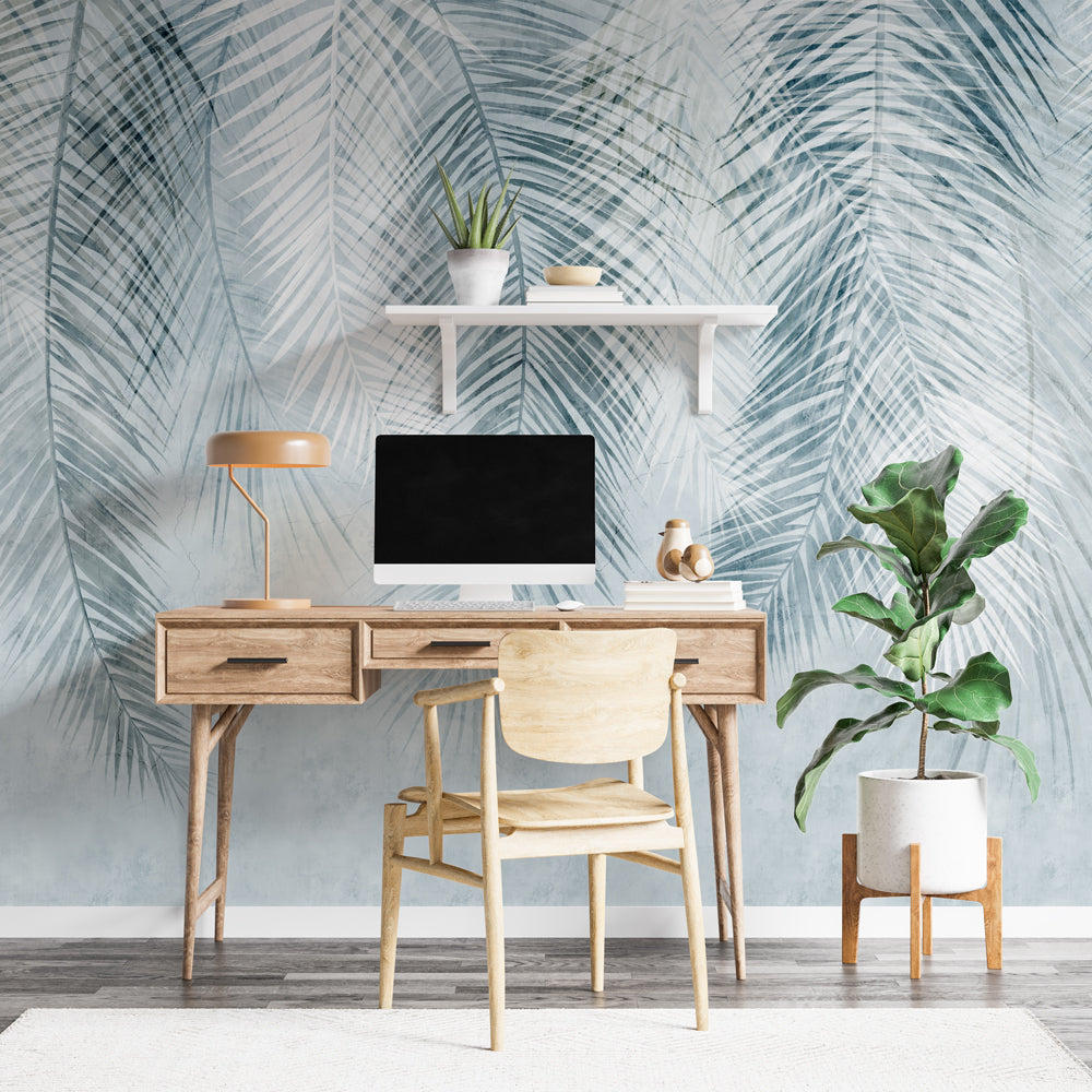 Vintage Blue Palm Leaf Wallpaper - Peel & Stick or Traditional