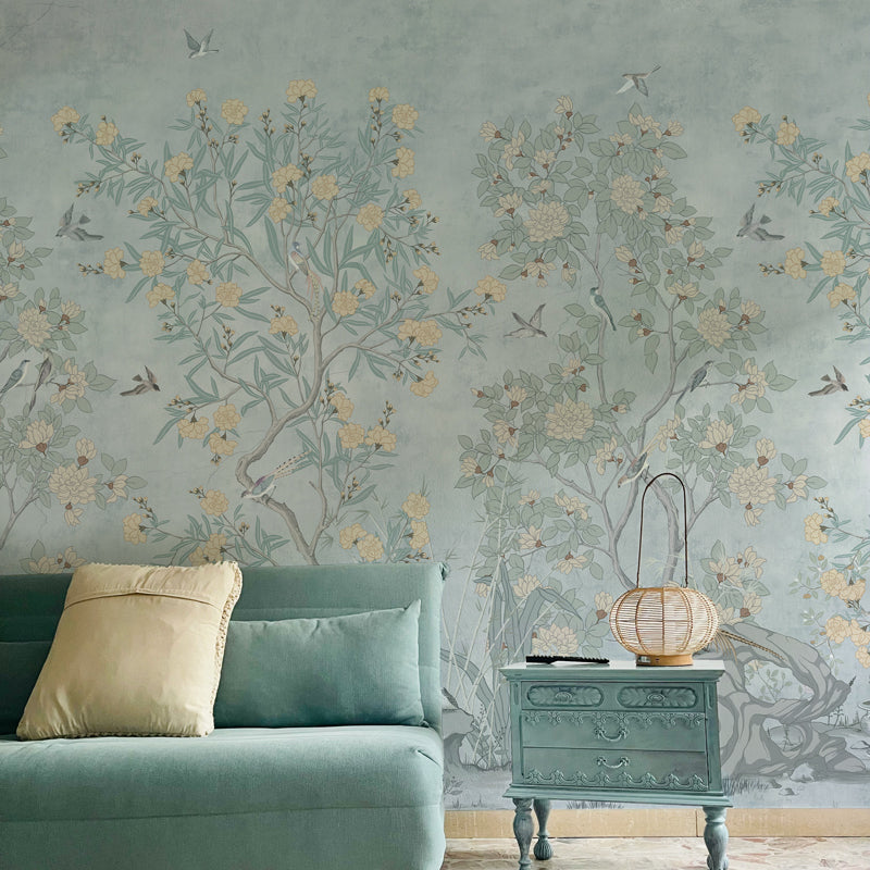 Chinoiserie Peel & Stick Wallpaper Mural – Duck Egg Blue Birds & Botanical Accent Wall