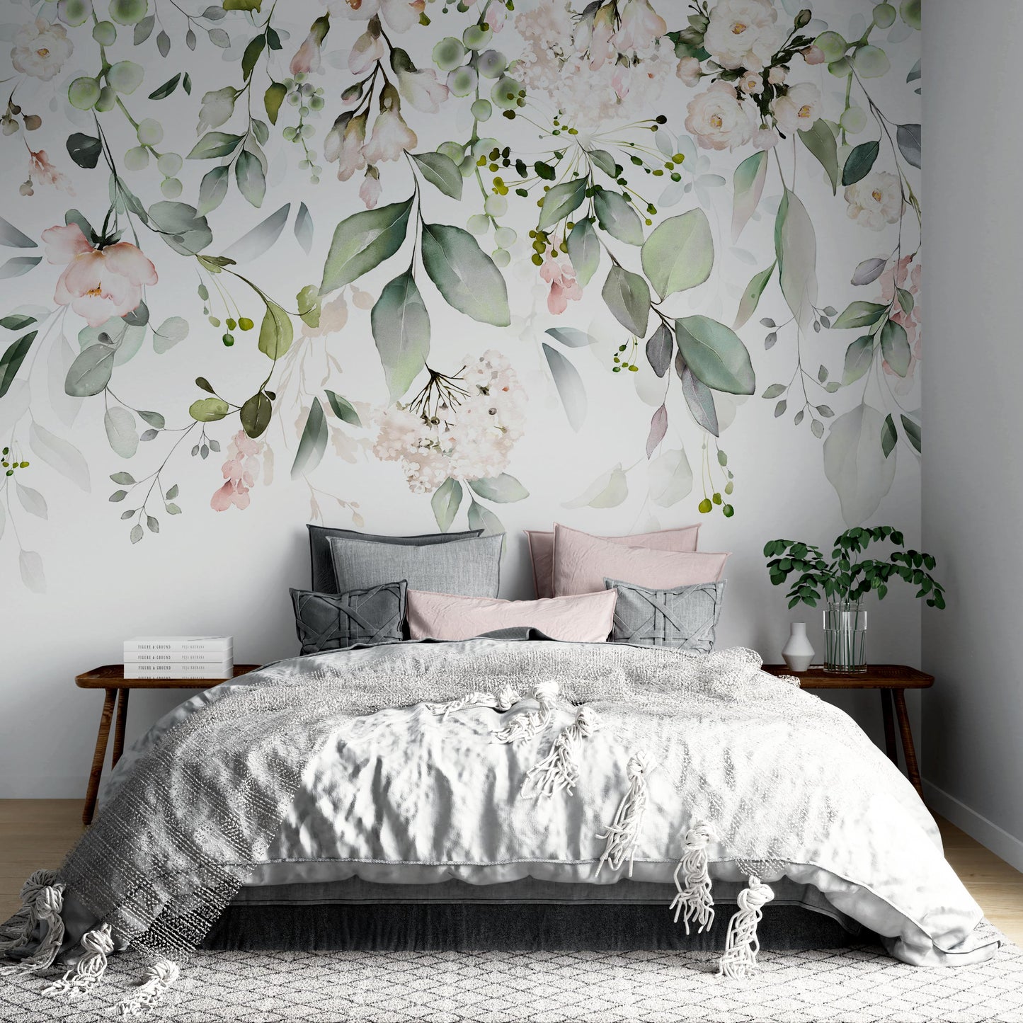 Minimalist Bedroom with Grey and Pink Accents: Removable sage green botanical wallpaper complements grey and pink accents in minimalist bedroom.