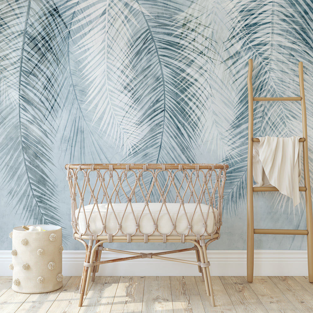 Vintage Blue Palm Leaf Wallpaper - Peel & Stick or Traditional