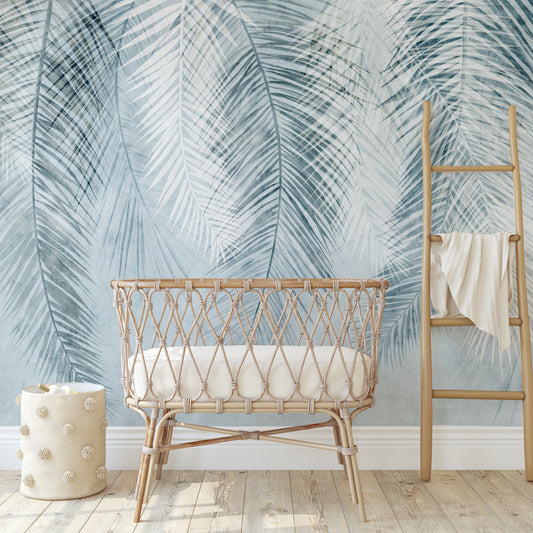 Vintage Blue Palm Leaf Wallpaper - Peel & Stick or Traditional