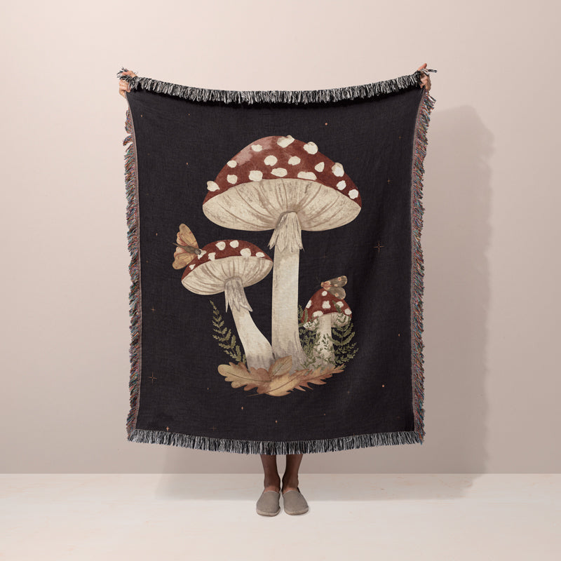 Cottagecore botanical large mushroom woven throw