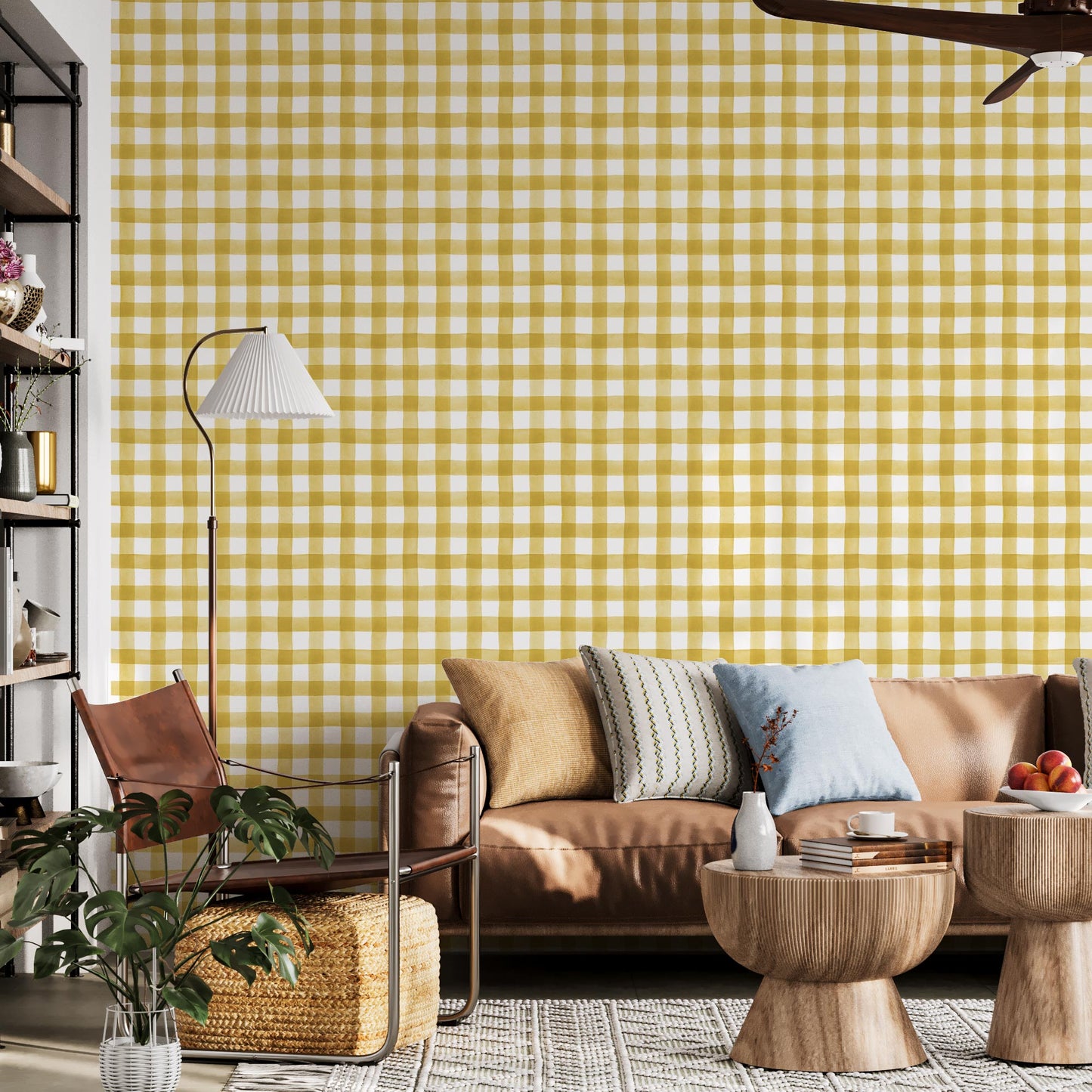 Transform Your Walls with Mustard Yellow Gingham Check Peel and Stick Wallpaper
