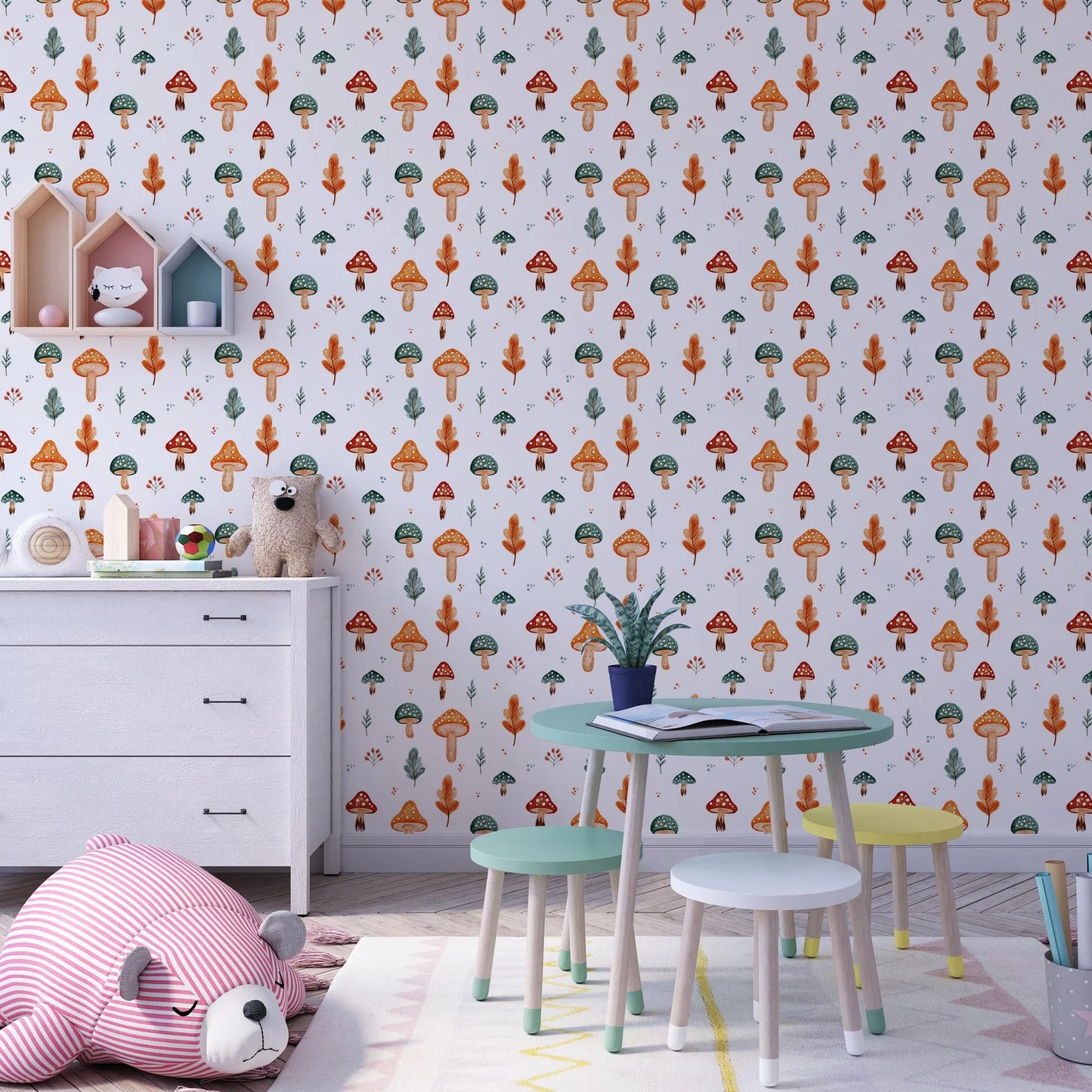 Charming mushroom wallpaper enhances the nursery with adorable and whimsical design