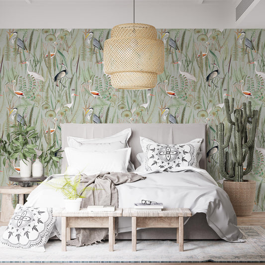 Sage Peel and Stick Wallpaper with Heron