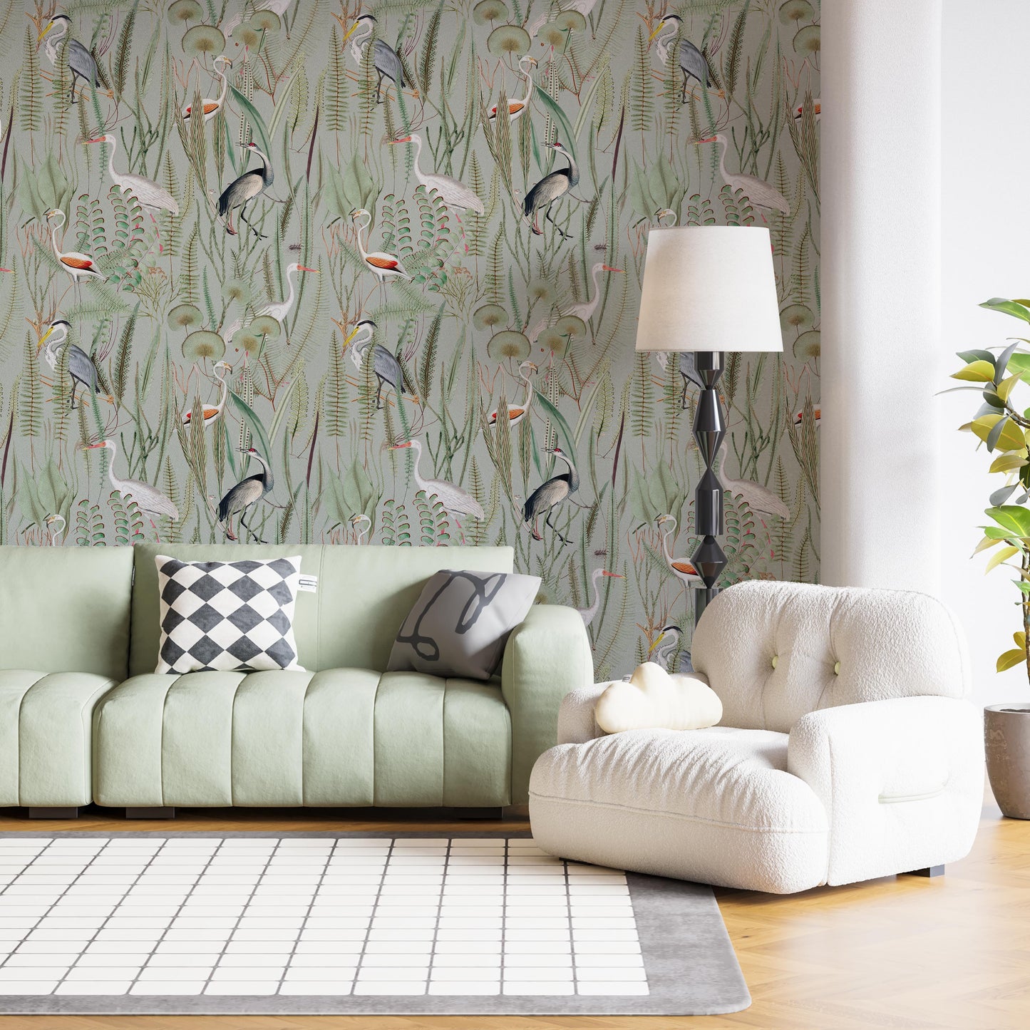 Sage Peel and Stick Wallpaper with Heron