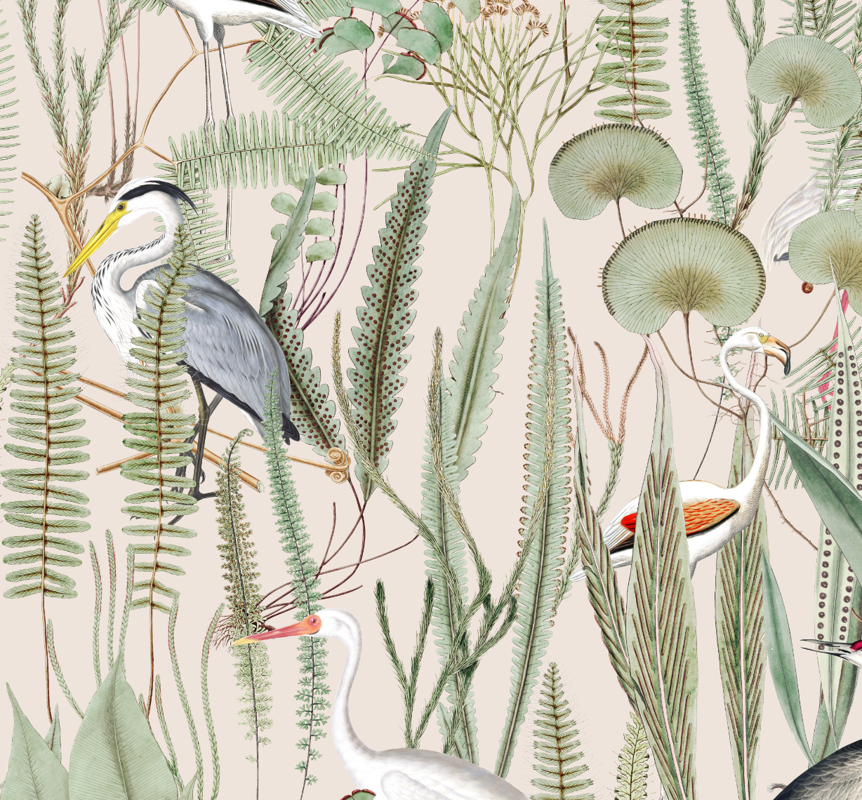Pink Botanical Crane Statement Wallpaper