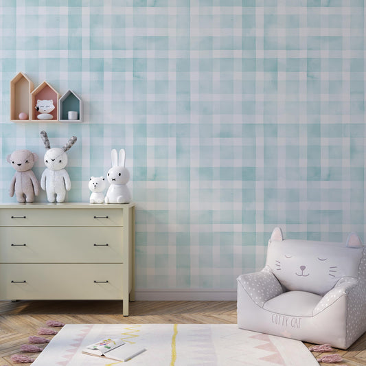 Light Blue Gingham Check Watercolor Peel and Stick Wallpaper for Kids Room and Nursery