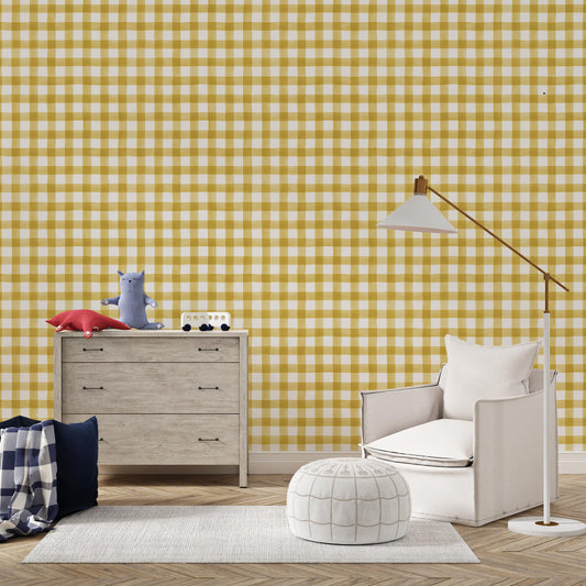 Transform Your Walls with Mustard Yellow Gingham Check Peel and Stick Wallpaper