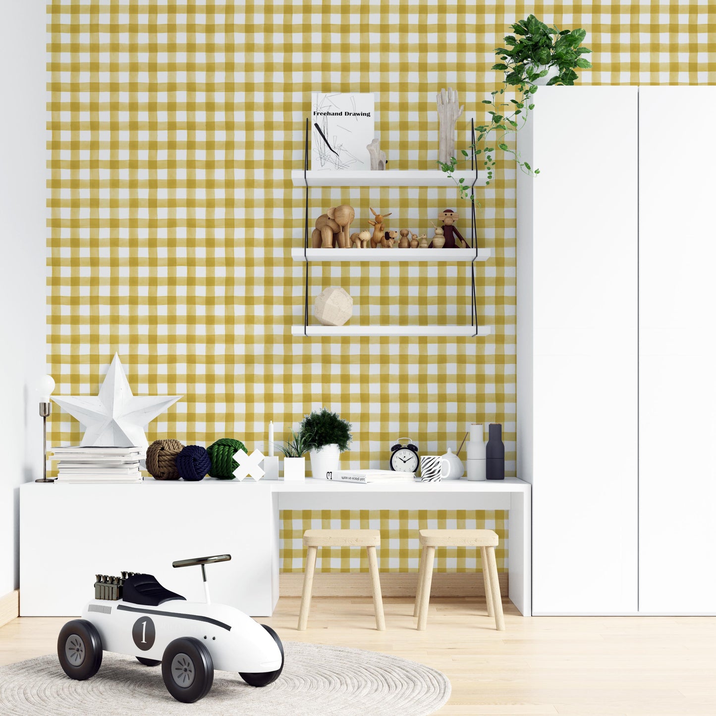 Transform Your Walls with Mustard Yellow Gingham Check Peel and Stick Wallpaper