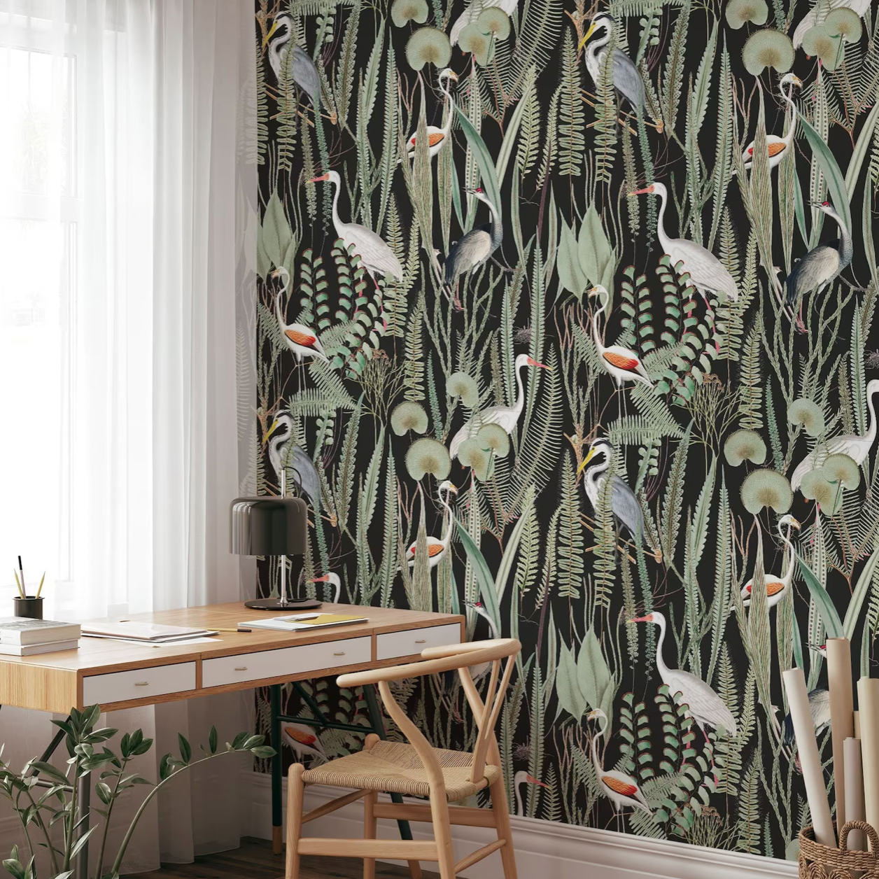 Transform your home office into a stimulating workspace with our striking black background heron and botanical wallpaper. The sophisticated black backdrop complements the sleek wooden desk and chair, creating a harmonious blend of professionalism and comfort. The intricate floral patterns and majestic herons add a touch of visual intrigue and inspiration, transforming your home office into a haven of productivity and creativity.