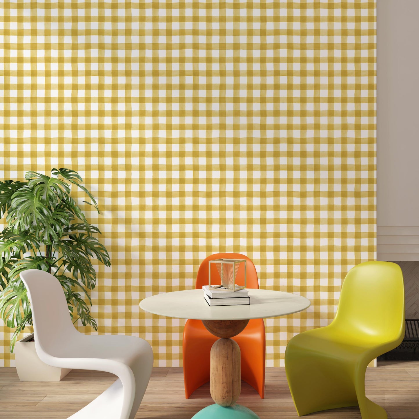 Transform Your Walls with Mustard Yellow Gingham Check Peel and Stick Wallpaper