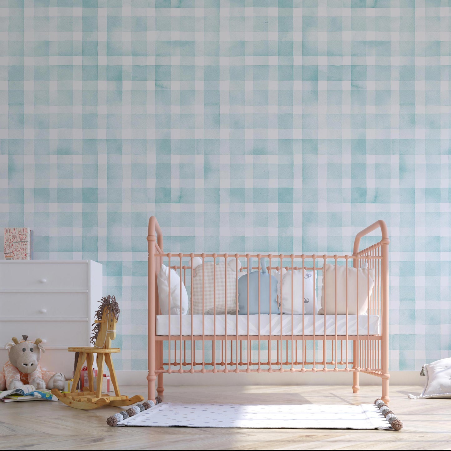 Light Blue Gingham Check Watercolor Peel and Stick Wallpaper for Kids Room and Nursery