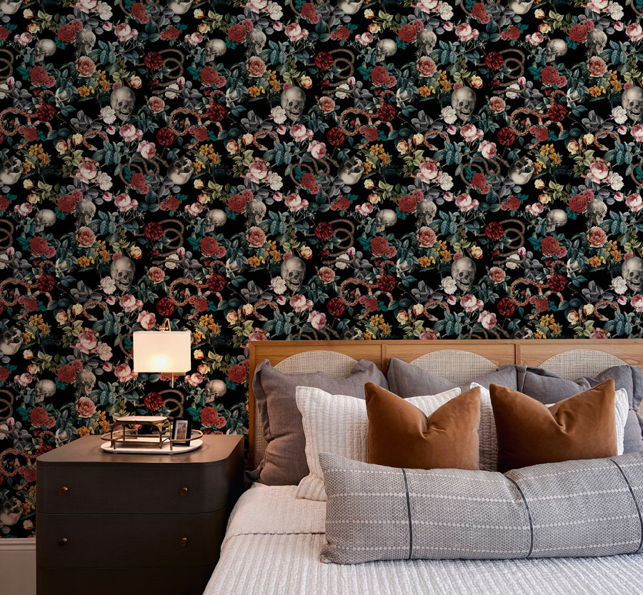 Dark Academia Peel & Stick Wallpaper, Gothic Floral with Skulls and Snakes