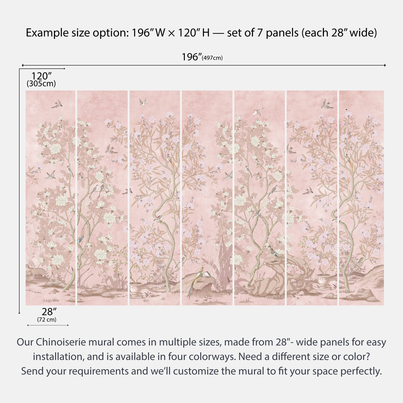 birds wallpaper in blush chinoiserie style, peel and stick