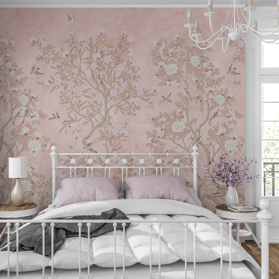 blush chinoiserie peel and stick wallpaper on bedroom accent wall
