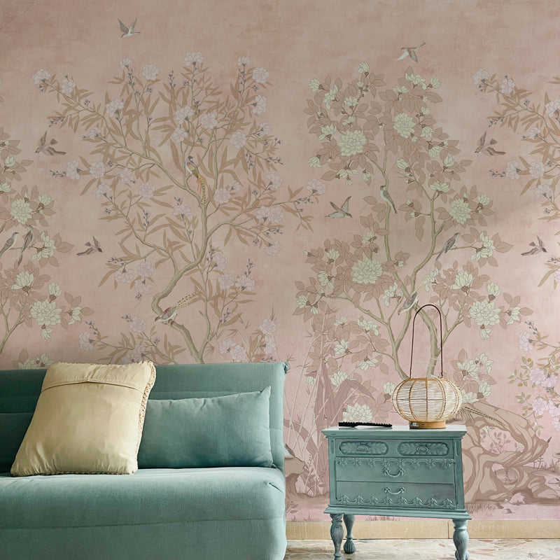 blush pink chinoiserie peel and stick wallpaper on accent wall