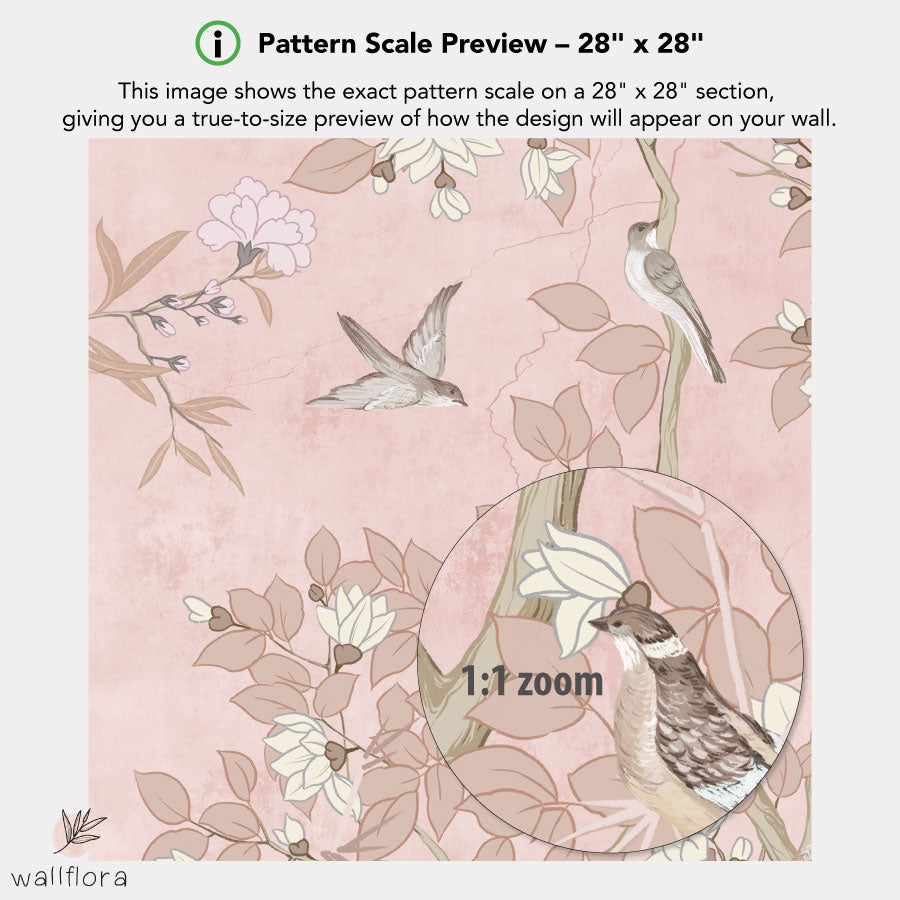 blush toile garden wallpaper close-up with floral and birds