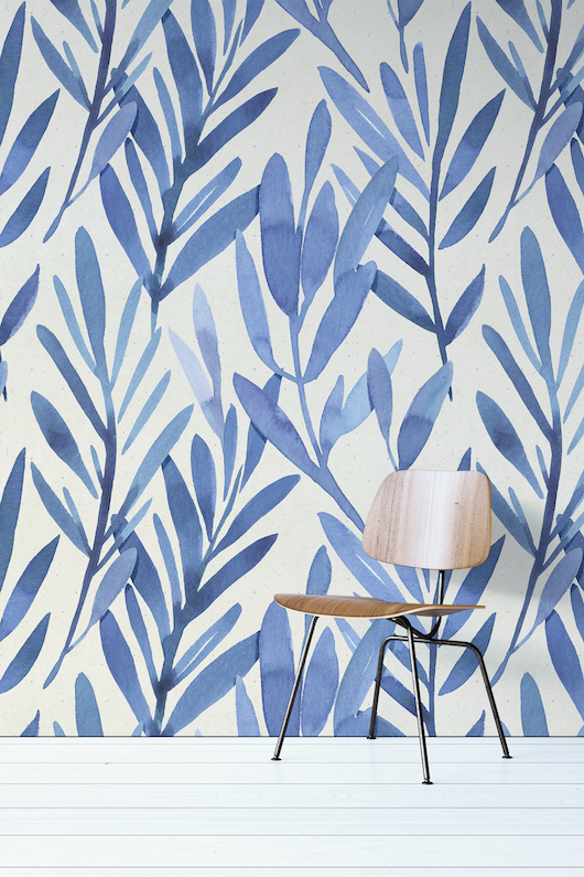 Blue Watercolor leaves Wall Mural
