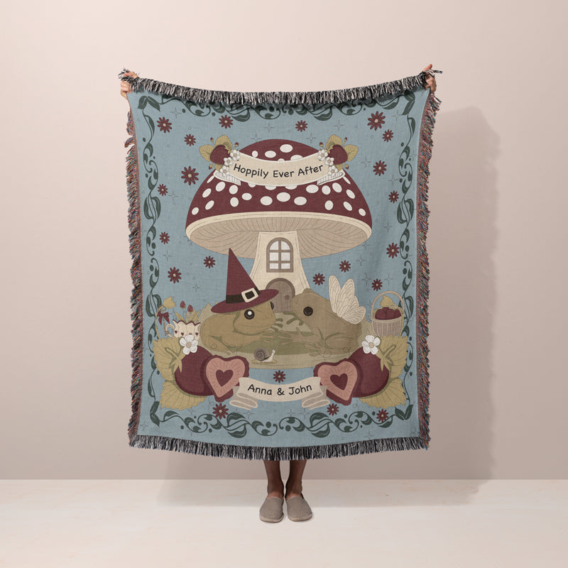 Personalized Frog Couple Woven Blanket for Cottagecore Lovers