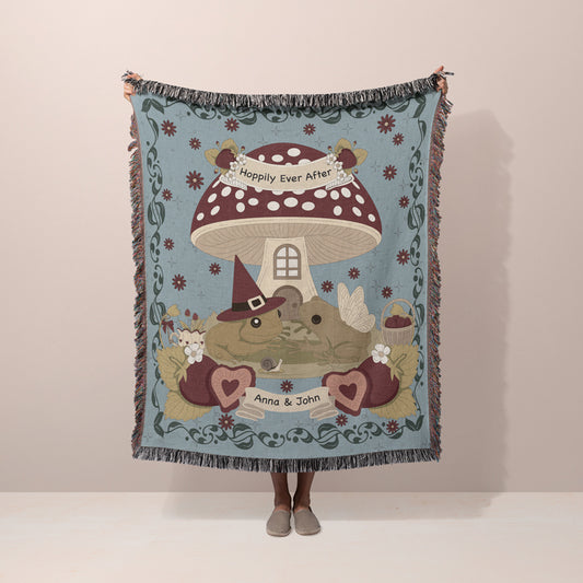 Personalized Frog Couple Woven Blanket for Cottagecore Lovers