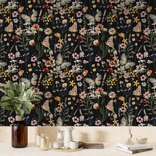 Midnight Meadow Dark Floral Peel and Stick Wallpaper – Botanical