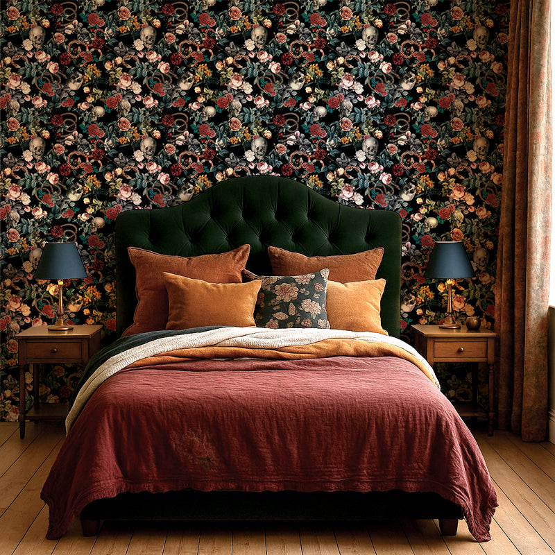 Dark Academia Peel & Stick Wallpaper, Gothic Floral with Skulls and Snakes
