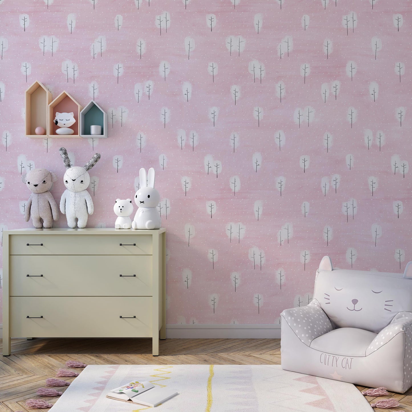 Enchanted Skies Nursery Wallpaper: Removable Pink & Tree Design for Girls' Room
