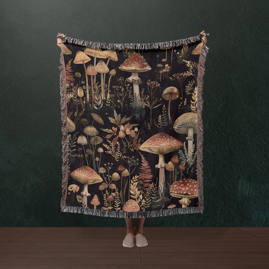 Whimsical mushroom woven blanket for moody decor