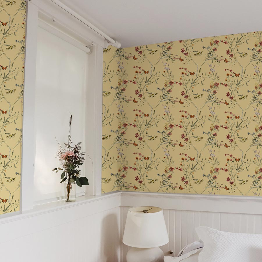 yellow botanical peel and stick wallpaper