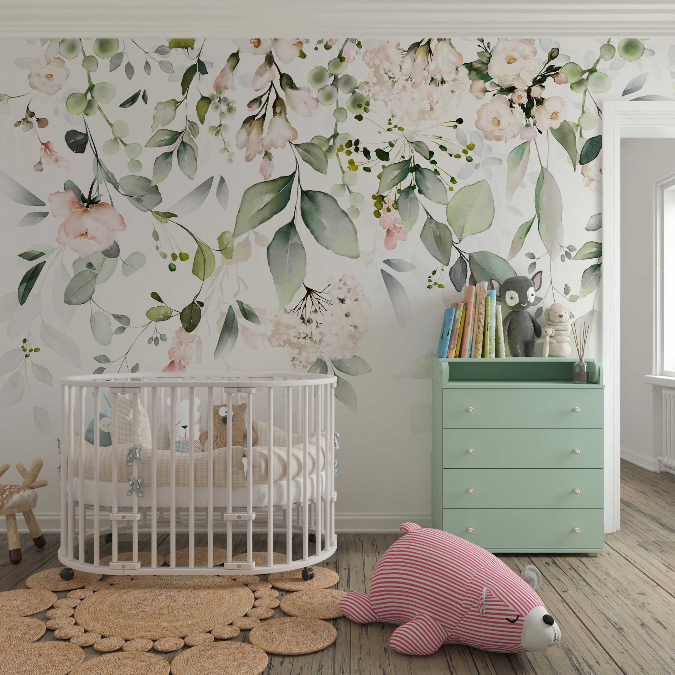 Nursery with Sage Green Chest of Drawers and White Round Crib:  Sage green peel and stick wallpaper seamlessly complements sage green chest of drawers and white round crib in nursery.