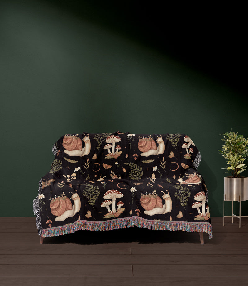 Moody cottagecore tapestry blanket with ferns and snails