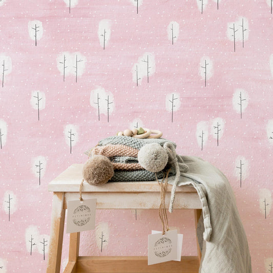 Enchanted Skies Nursery Wallpaper: Removable Pink & Tree Design for Girls' Room