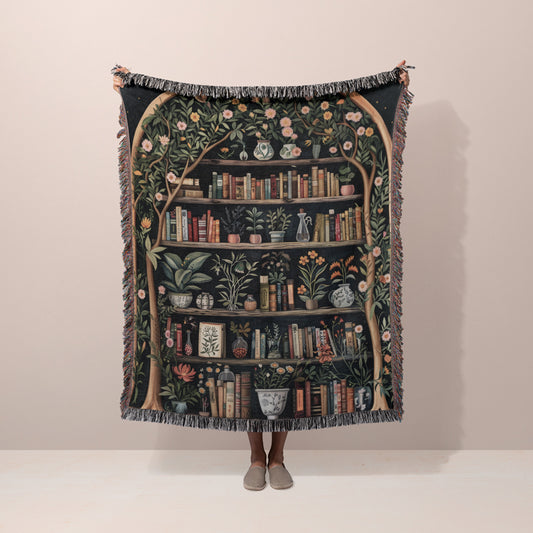 Dark Academia Botanical Tapestry Throw Blanket, 100% Cotton