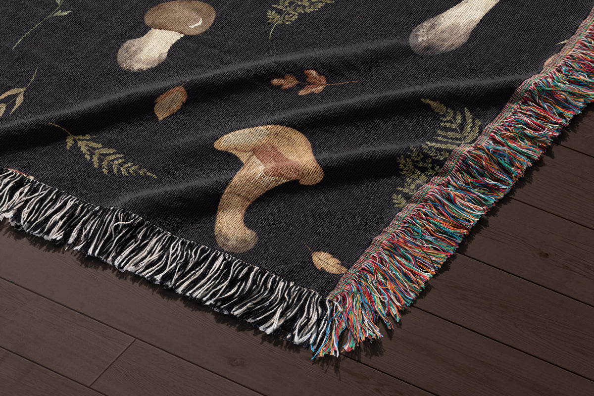 Moody cottagecore woven blanket with botanical mushroom design