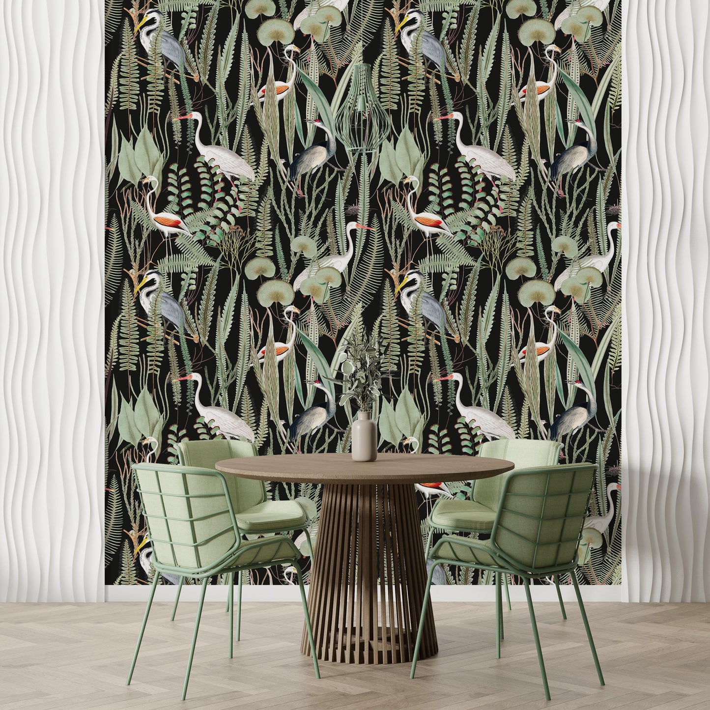 Enliven your dining room with the captivating beauty of our black background heron and botanical wallpaper. The vibrant floral patterns and majestic herons dance against the sophisticated black backdrop, creating a visually stunning backdrop for your dining experiences. Pair the wallpaper with green chairs and a wooden round table, adding a touch of warmth and sophistication to your dining space.